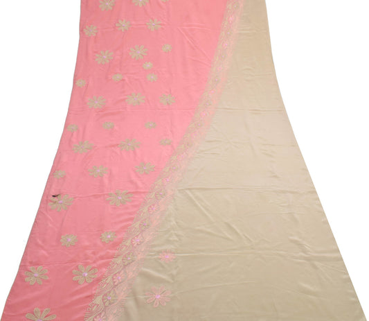 Sushila Vintage Brown Pink Sari Remnant Scrap Pure Crepe Embroidere Craft Fabric
