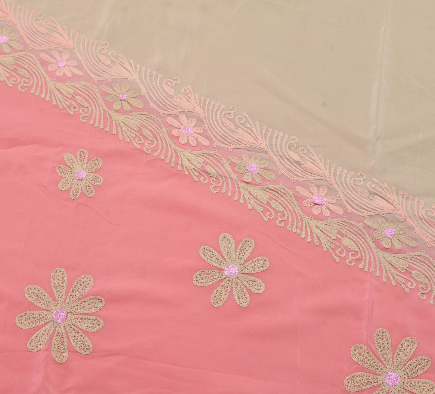 Sushila Vintage Brown Pink Sari Remnant Scrap Pure Crepe Embroidere Craft Fabric