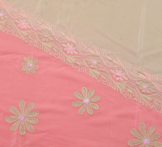 Sushila Vintage Brown Pink Sari Remnant Scrap Pure Crepe Embroidere Craft Fabric