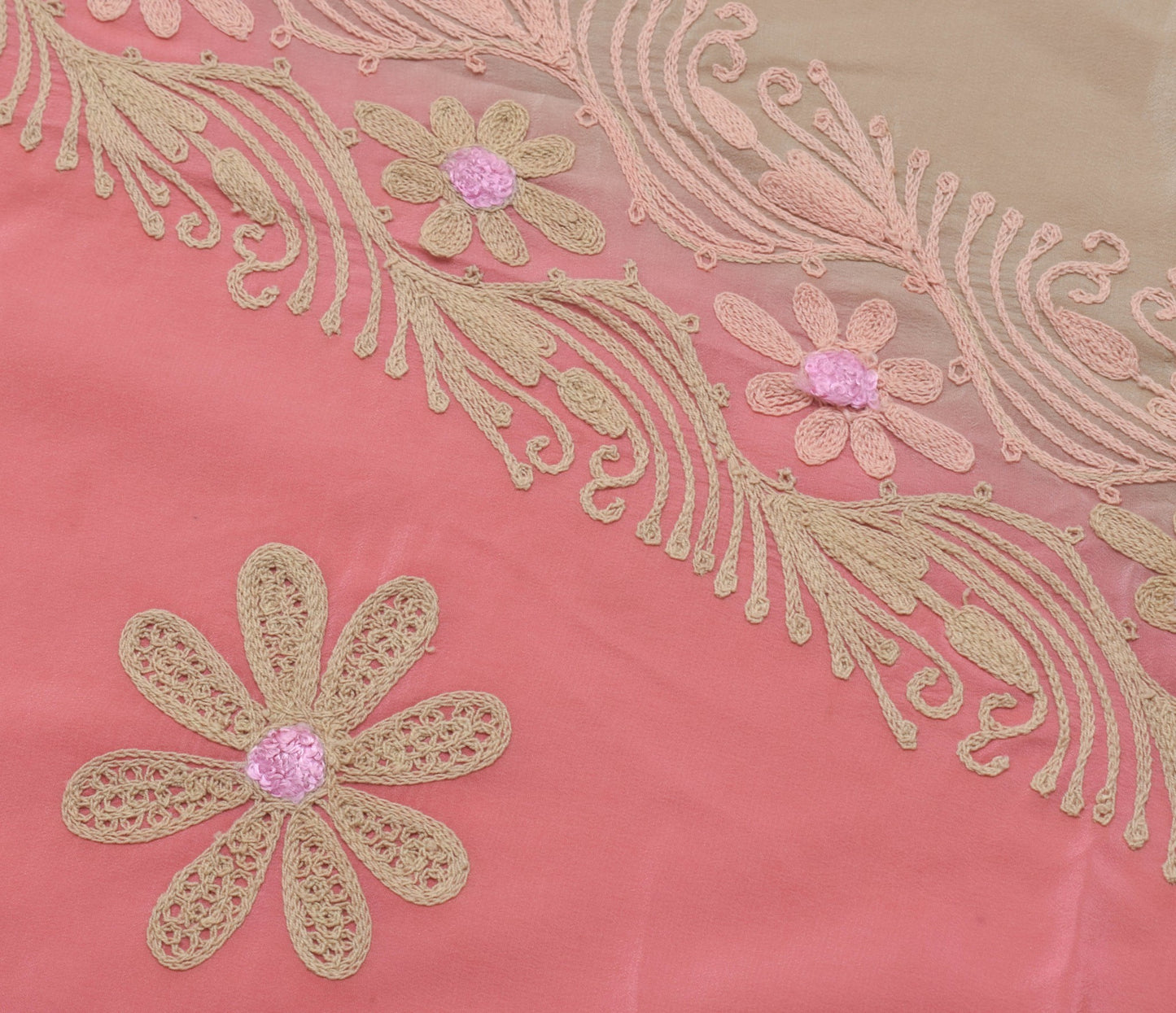 Sushila Vintage Brown Pink Sari Remnant Scrap Pure Crepe Embroidere Craft Fabric
