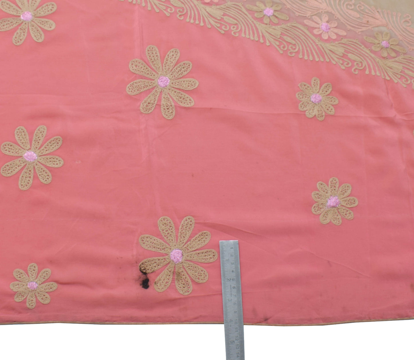Sushila Vintage Brown Pink Sari Remnant Scrap Pure Crepe Embroidere Craft Fabric