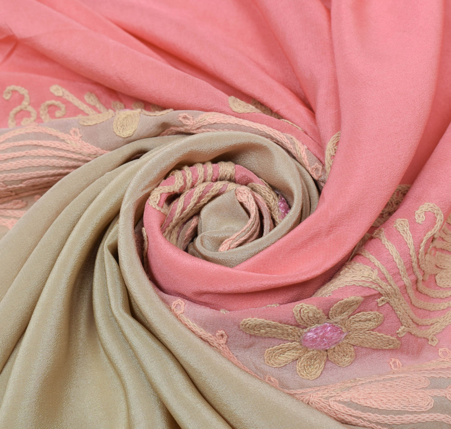 Sushila Vintage Brown Pink Sari Remnant Scrap Pure Crepe Embroidere Craft Fabric