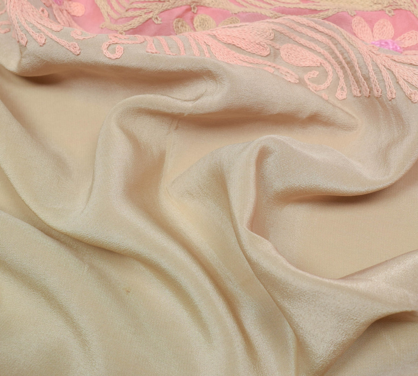 Sushila Vintage Brown Pink Sari Remnant Scrap Pure Crepe Embroidere Craft Fabric
