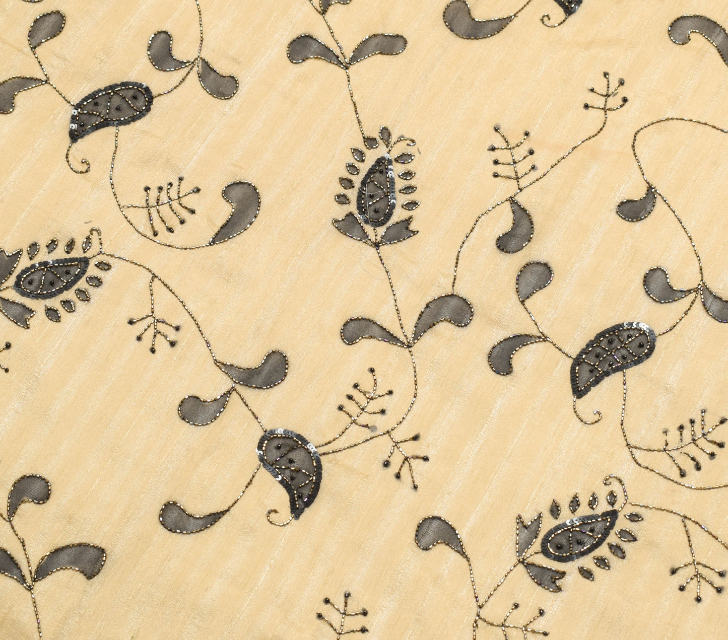 Sushila Vintage Brown Silk Sari Remnant Scrap Sequins Glass Beads Craft Fabric