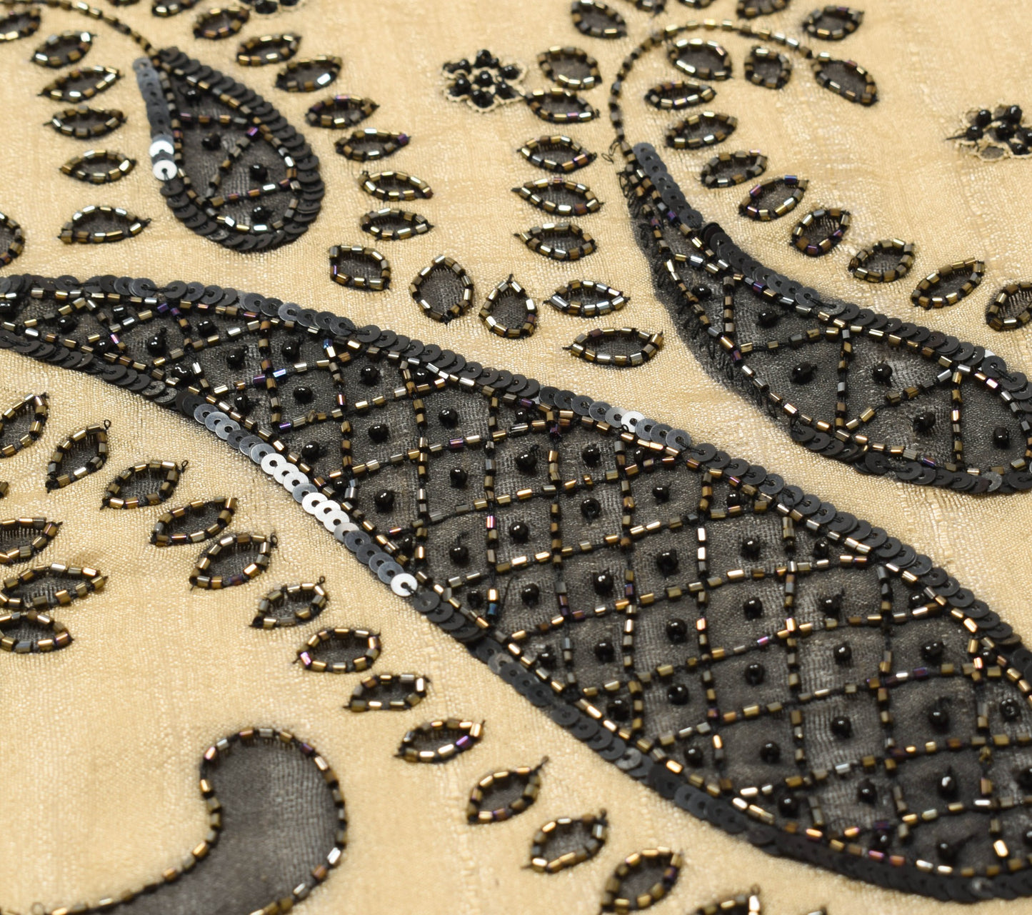 Sushila Vintage Brown Silk Sari Remnant Scrap Sequins Glass Beads Craft Fabric