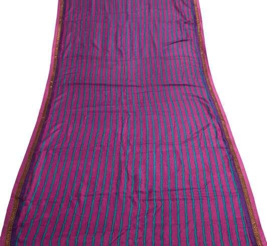 Sushila Vintage Pink Sari Remnant Scrap Stripes Printed Pure Silk Craft Fabric