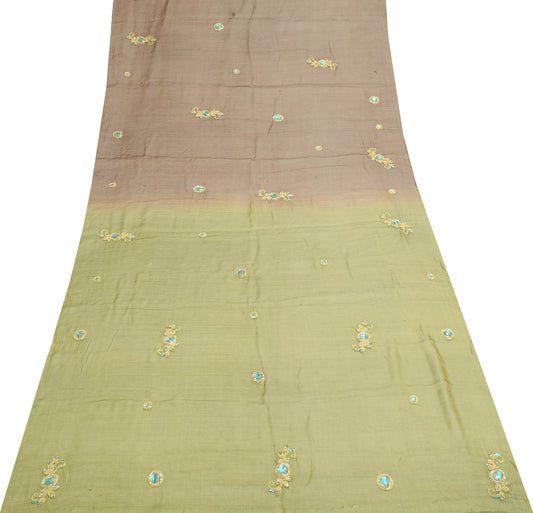 Sushila Vintage Green Sari Remnant Scrap Pure Tissue Floral Craft Fabric
