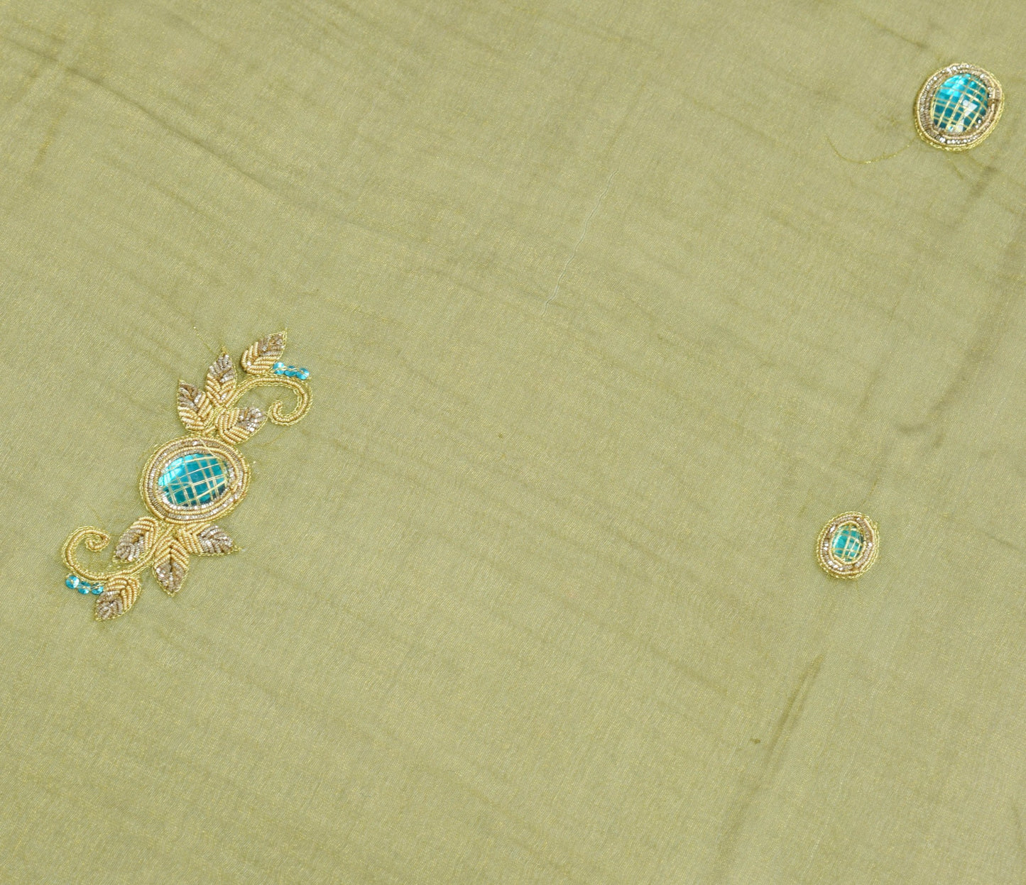 Sushila Vintage Green Sari Remnant Scrap Pure Tissue Floral Craft Fabric
