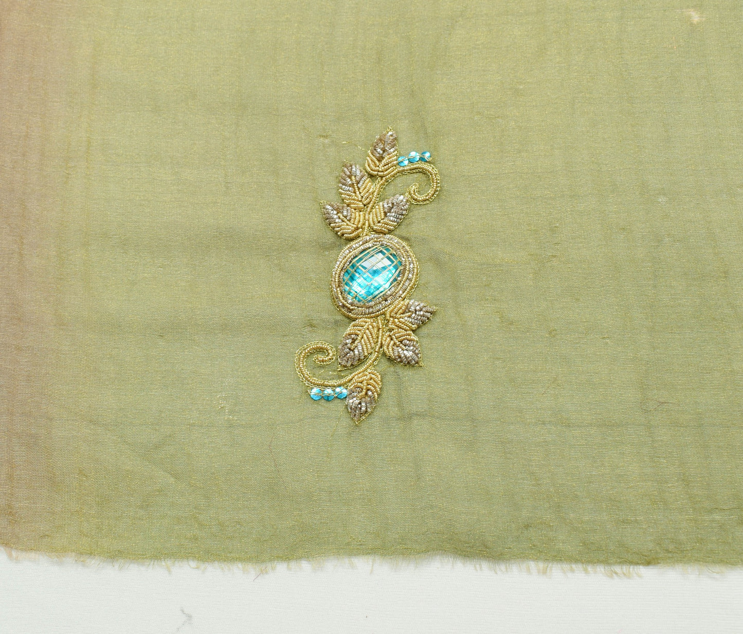 Sushila Vintage Green Sari Remnant Scrap Pure Tissue Floral Craft Fabric