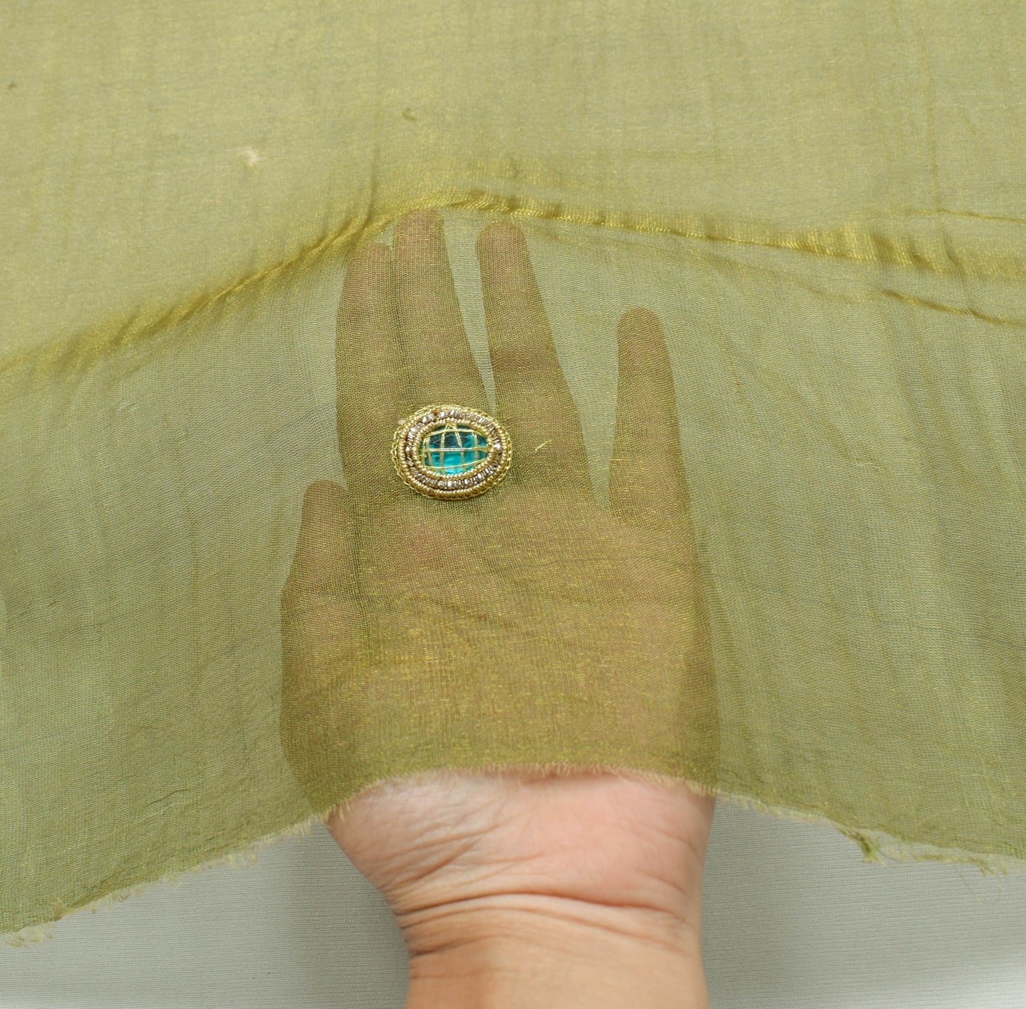 Sushila Vintage Green Sari Remnant Scrap Pure Tissue Floral Craft Fabric