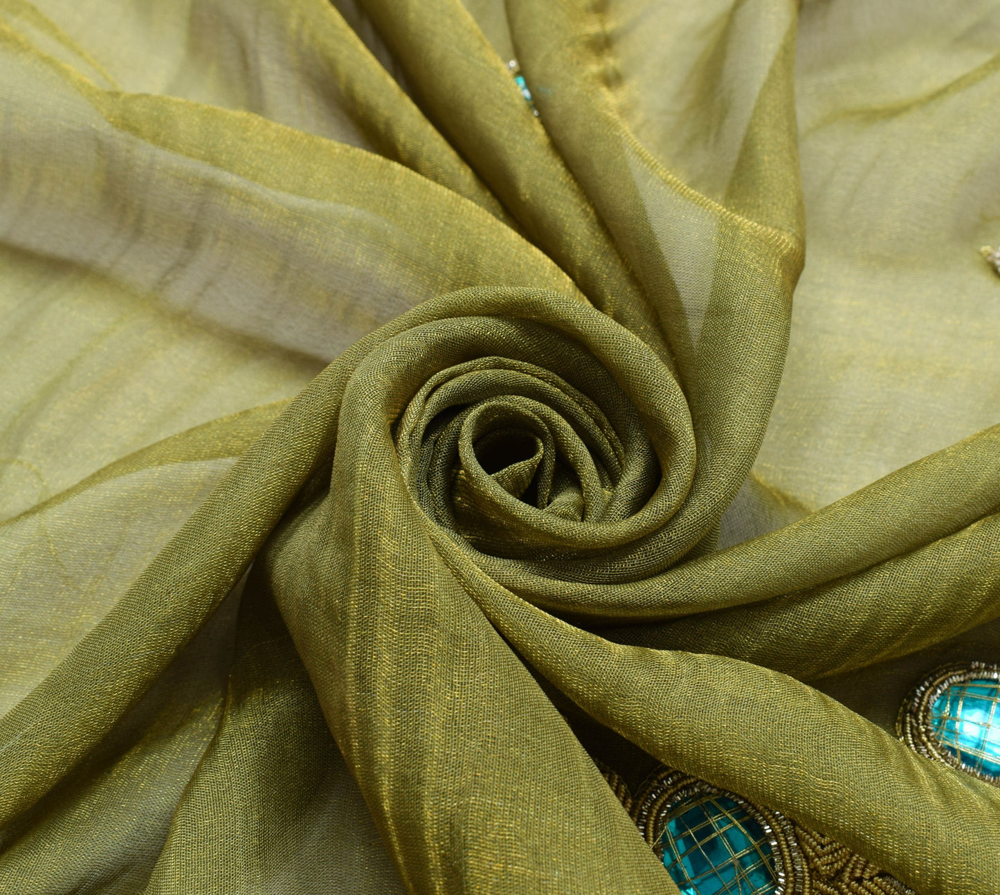 Sushila Vintage Green Sari Remnant Scrap Pure Tissue Floral Craft Fabric