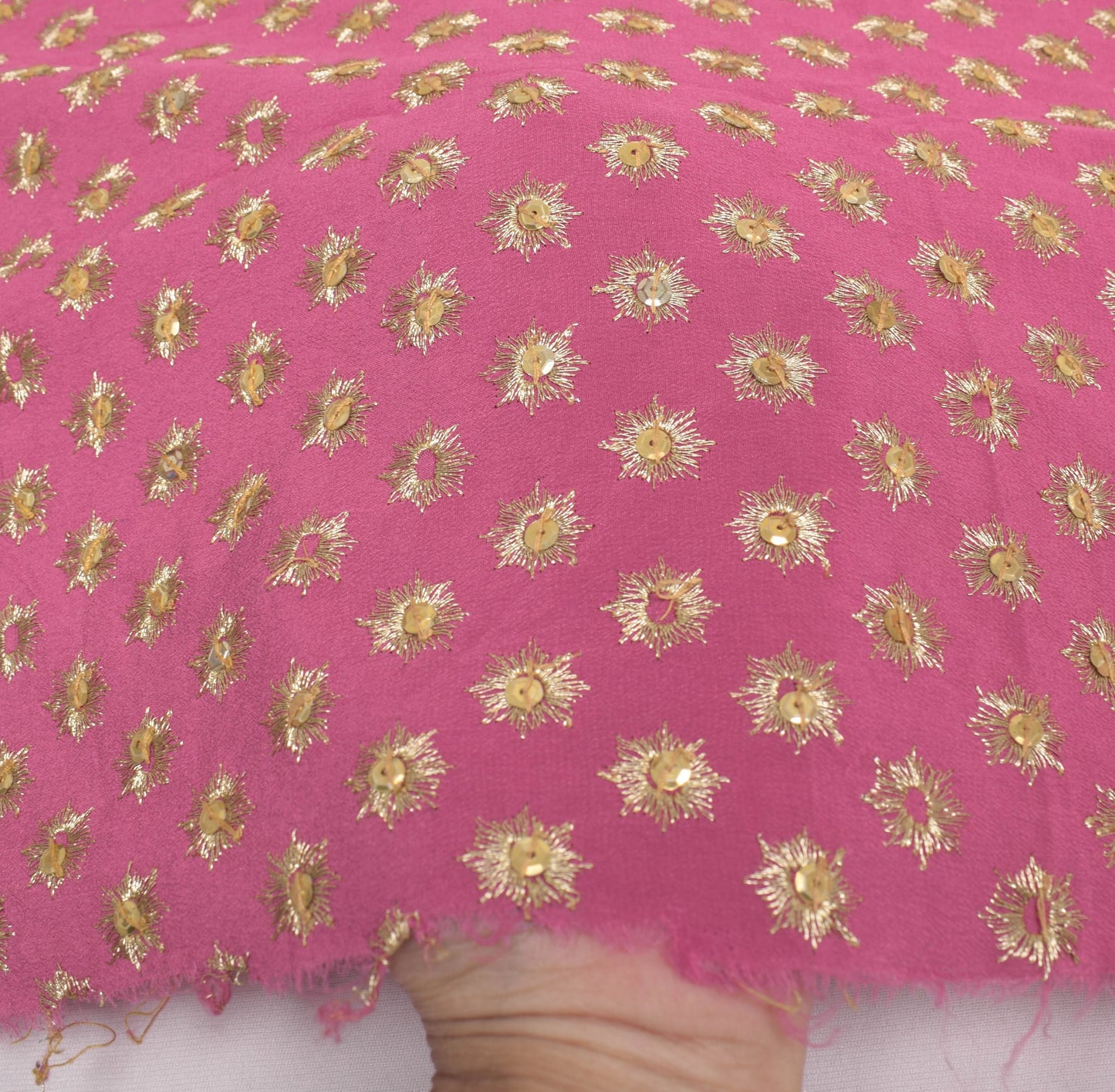 Sushila Vintage Soft Pink Sari Remnant Scrap Pure Crepe Zari Work Craft Fabric