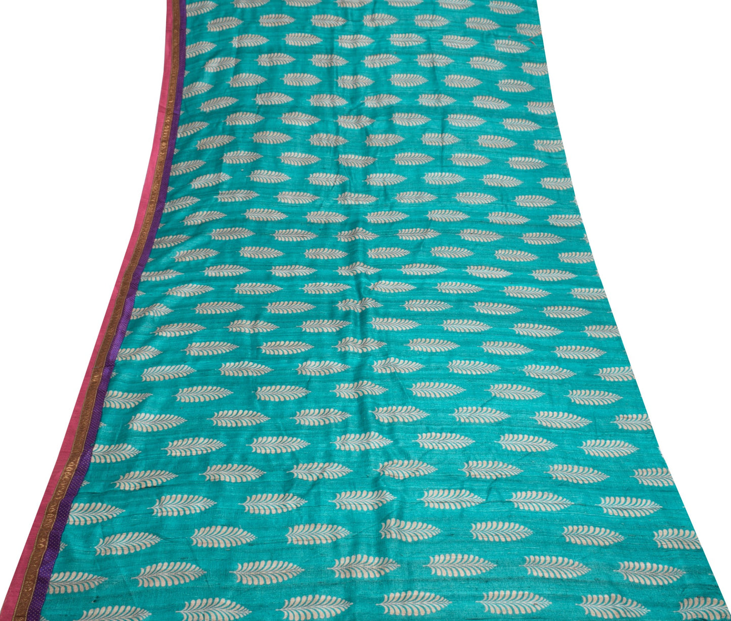 Sushila Vintage Teal Blue Sari Remnant Scrap 100% Pure Khadi Floral Craft Fabric