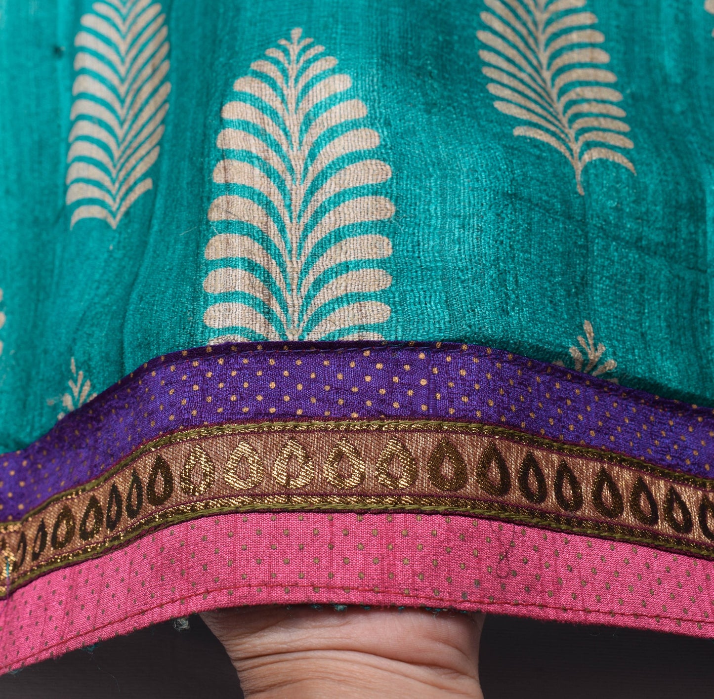 Sushila Vintage Teal Blue Sari Remnant Scrap 100% Pure Khadi Floral Craft Fabric