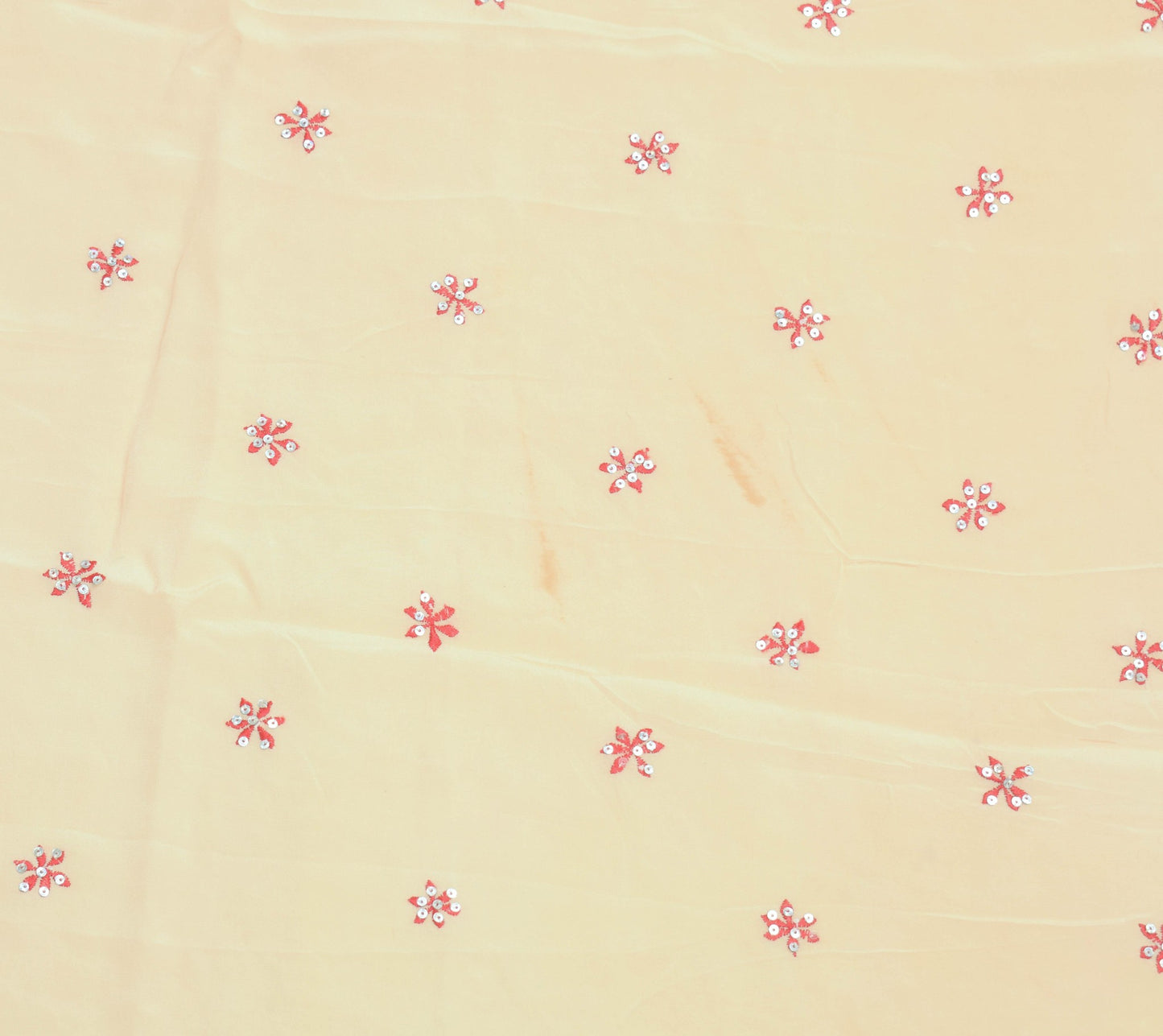 Sushila Vintage Beige Sari Remnant Scrap Embroidered 100%Pure Crepe Craft Fabric