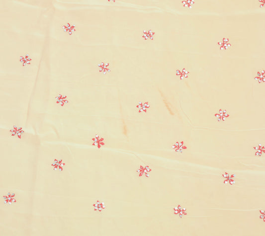Sushila Vintage Beige Sari Remnant Scrap Embroidered 100%Pure Crepe Craft Fabric