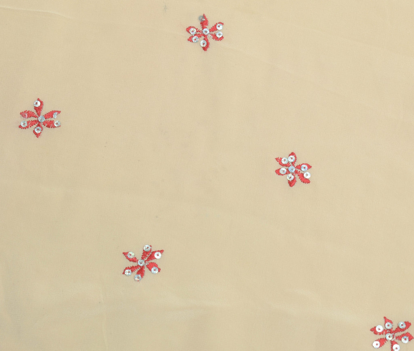 Sushila Vintage Beige Sari Remnant Scrap Embroidered 100%Pure Crepe Craft Fabric