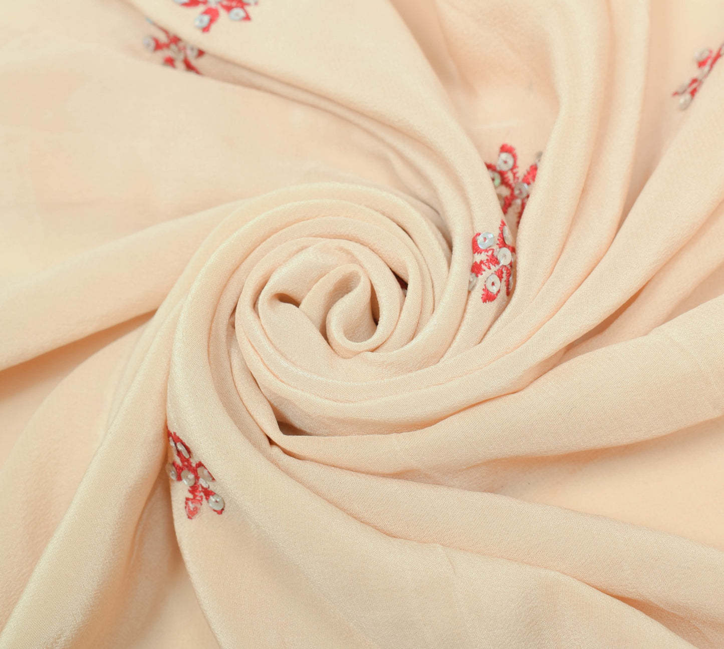 Sushila Vintage Beige Sari Remnant Scrap Embroidered 100%Pure Crepe Craft Fabric