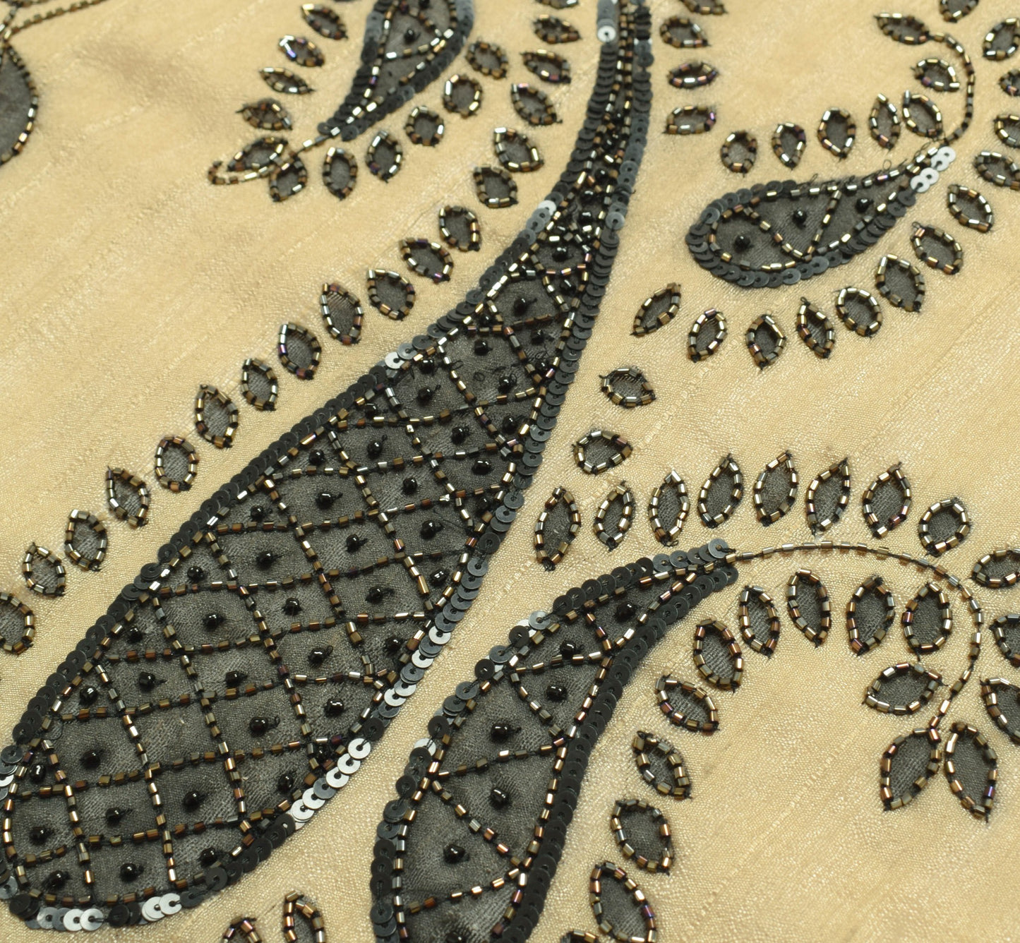 Sushila Vintage Brown Silk Sari Remnant Scrap Glass Beads Embellish Craft Fabric