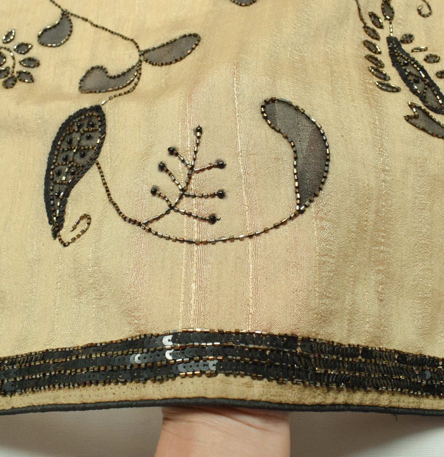 Sushila Vintage Brown Silk Sari Remnant Scrap Glass Beads Embellish Craft Fabric