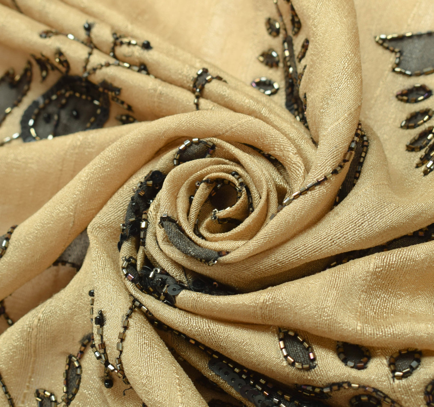 Sushila Vintage Brown Silk Sari Remnant Scrap Glass Beads Embellish Craft Fabric