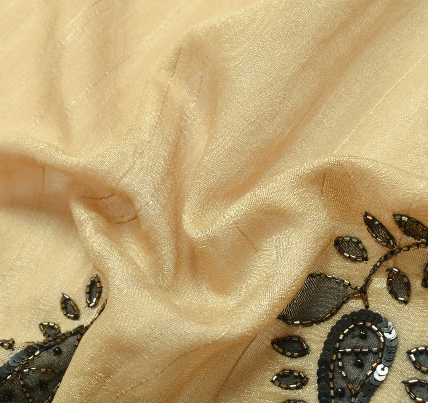 Sushila Vintage Brown Silk Sari Remnant Scrap Glass Beads Embellish Craft Fabric