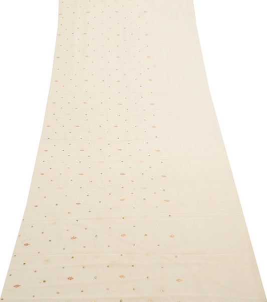 Sushila Vintage Off White Sari Remnant Scrap Embroidered Georgette Craft Fabric