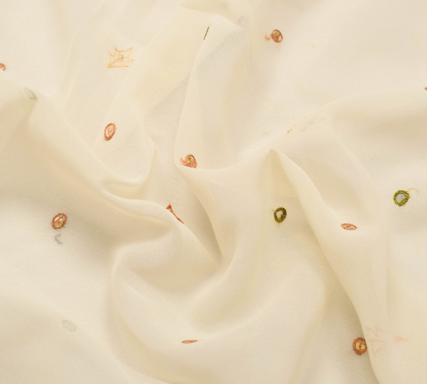 Sushila Vintage Off White Sari Remnant Scrap Embroidered Georgette Craft Fabric