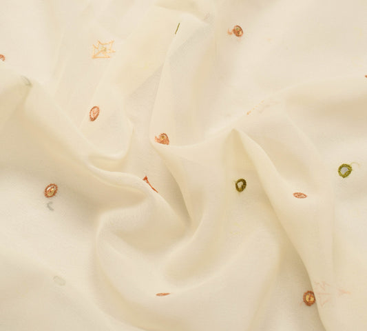 Sushila Vintage Off White Sari Remnant Scrap Embroidered Georgette Craft Fabric