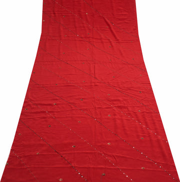 Sushila Vintage Dark Red Sari Remnant Scrap Pure Crepe Hand Work Craft Fabric