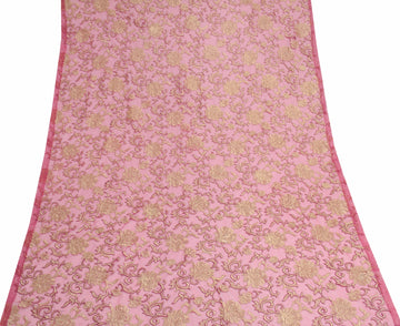 Sushila Vintage Net Pink Sari Remnant Scrap MultiPurpose Embroidery Craft Fabric