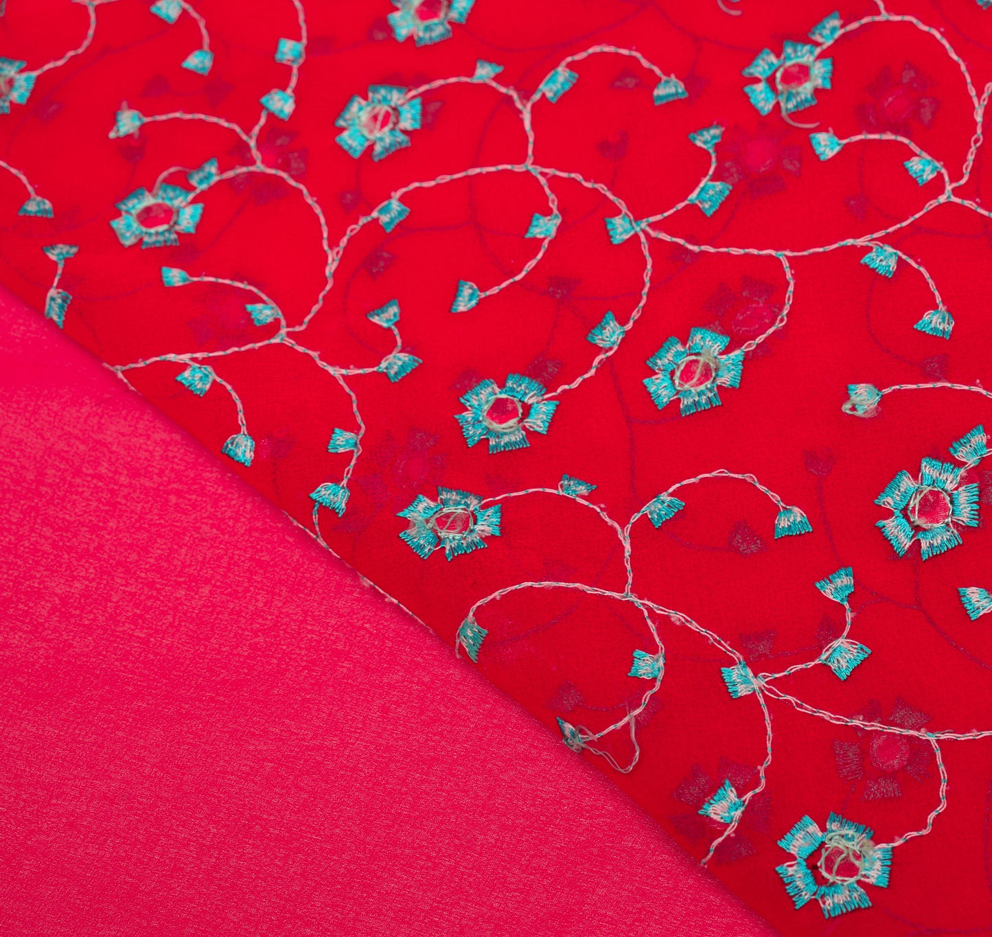 Sushila Vintage Red Embroidered Sari Remnant Scrap Art Georgette Craft Fabric