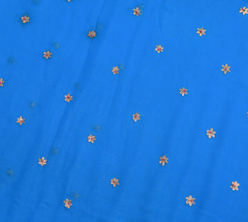 Sushila Vintage Blue Sari Remnant Scrap Embroidered Pure Georgette Craft Fabric