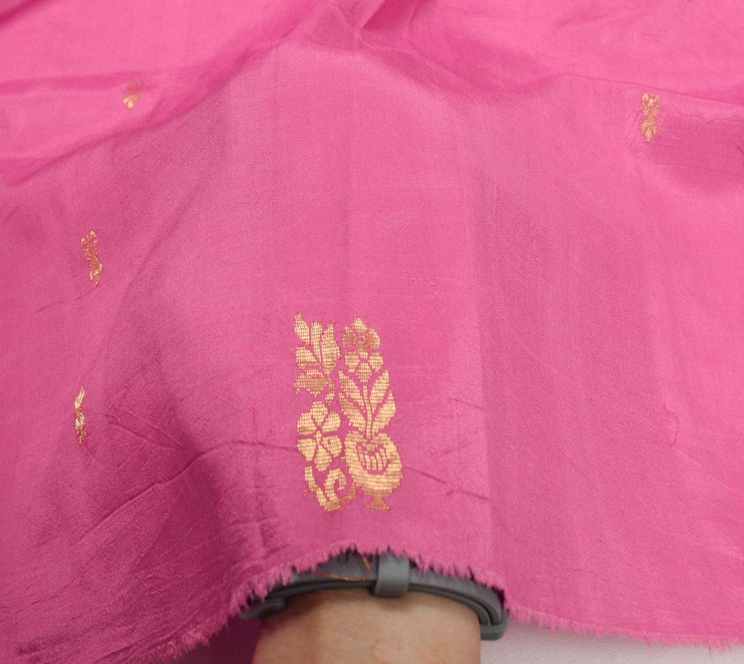 Sushila Vintage Pink Indian Sari Remnant Scrap Zari Woven Pure Silk Craft Fabric
