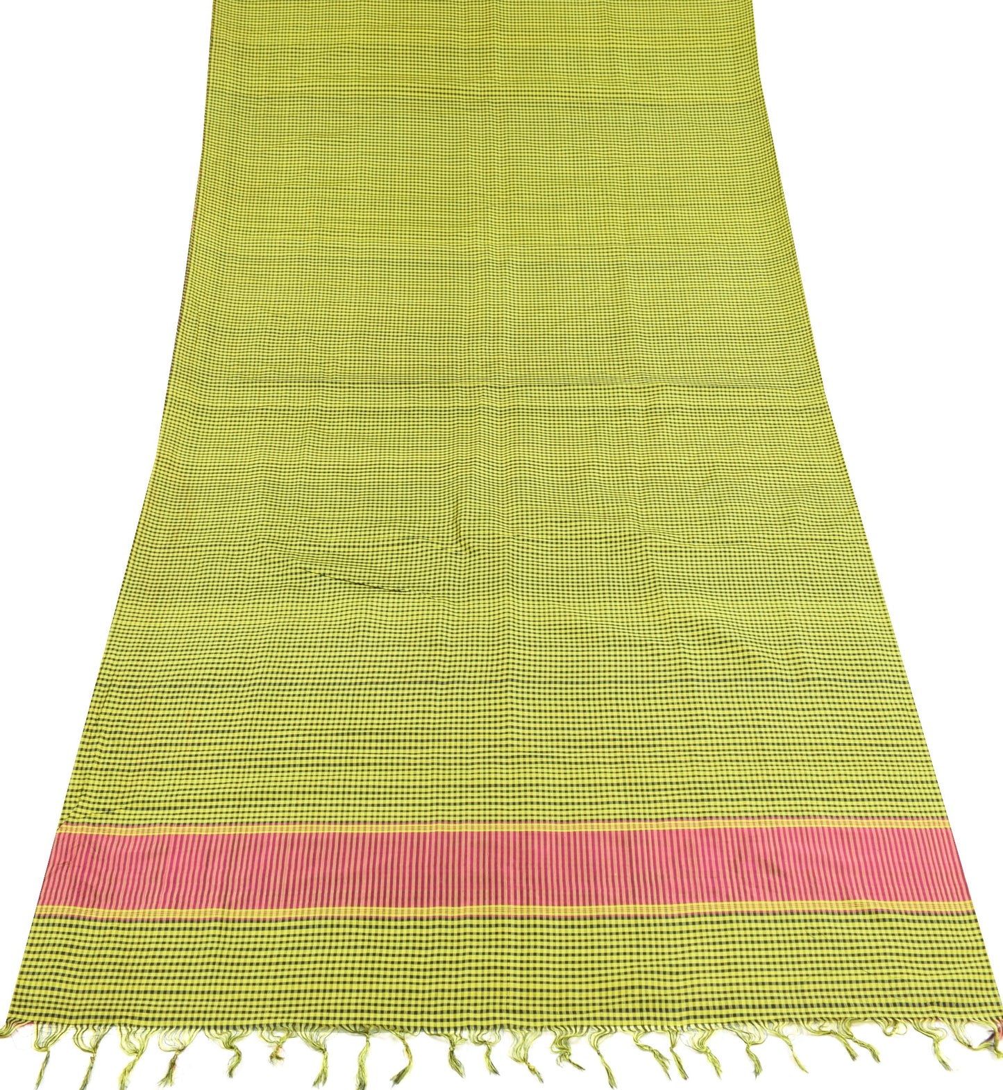 Sushila Vintage Checks Sari Remnant Scrap Yellow Black Pure Silk Craft Fabric