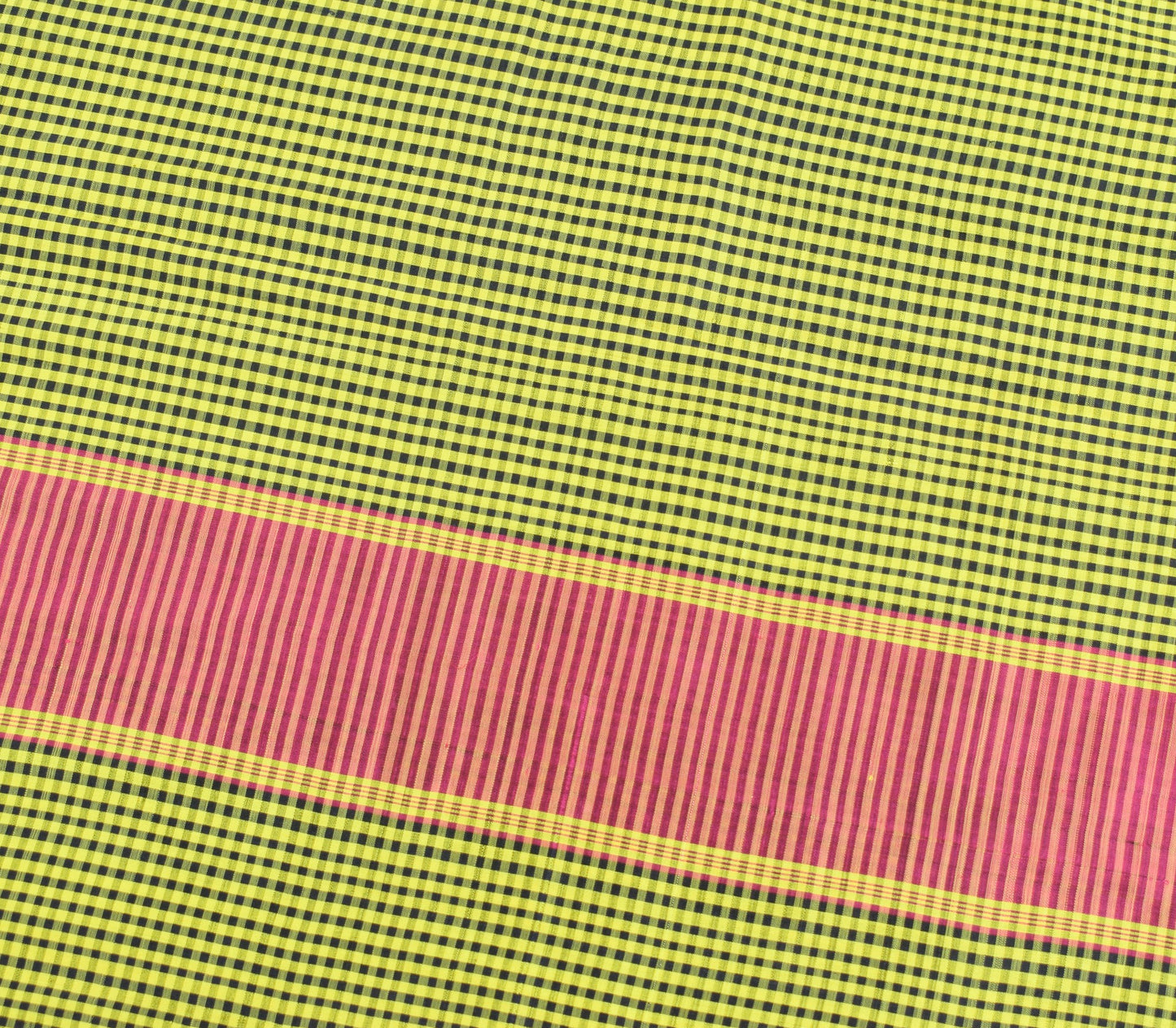 Sushila Vintage Checks Sari Remnant Scrap Yellow Black Pure Silk Craft Fabric