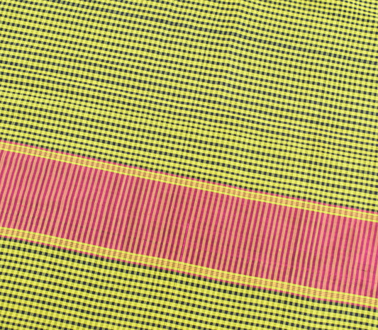 Sushila Vintage Checks Sari Remnant Scrap Yellow Black Pure Silk Craft Fabric