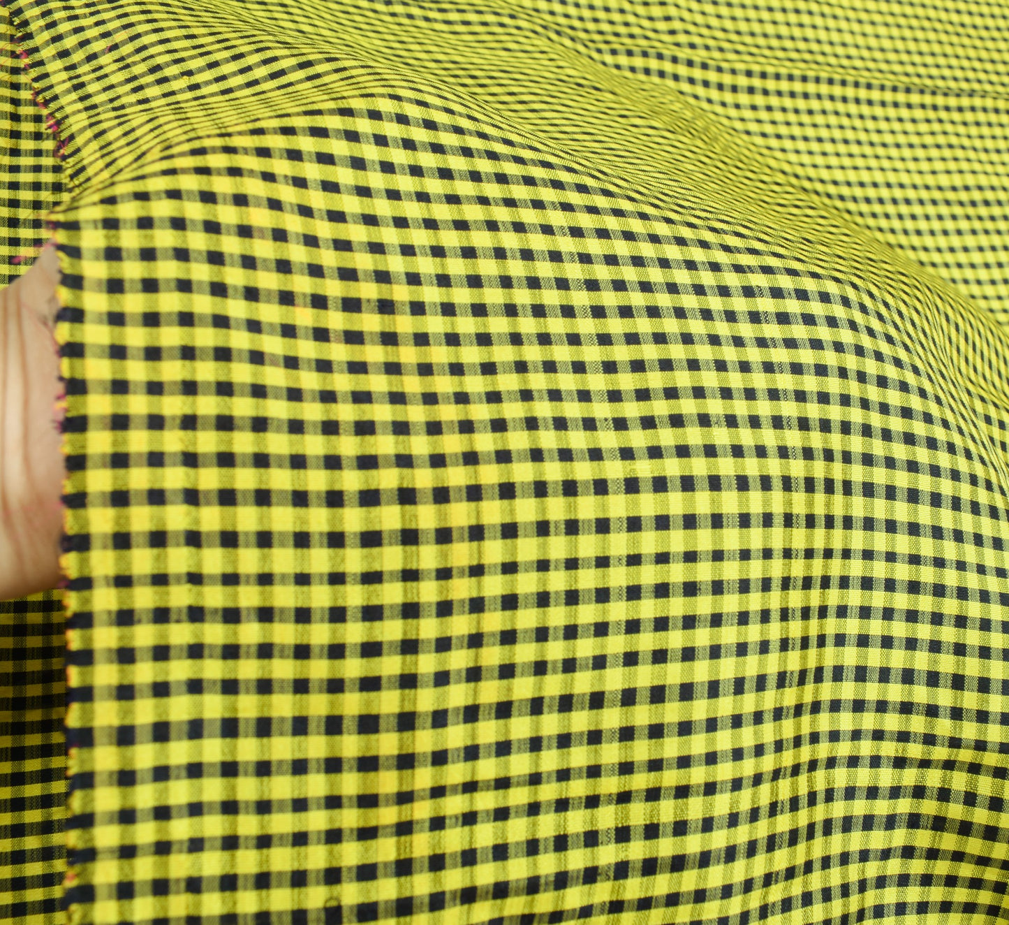 Sushila Vintage Checks Sari Remnant Scrap Yellow Black Pure Silk Craft Fabric