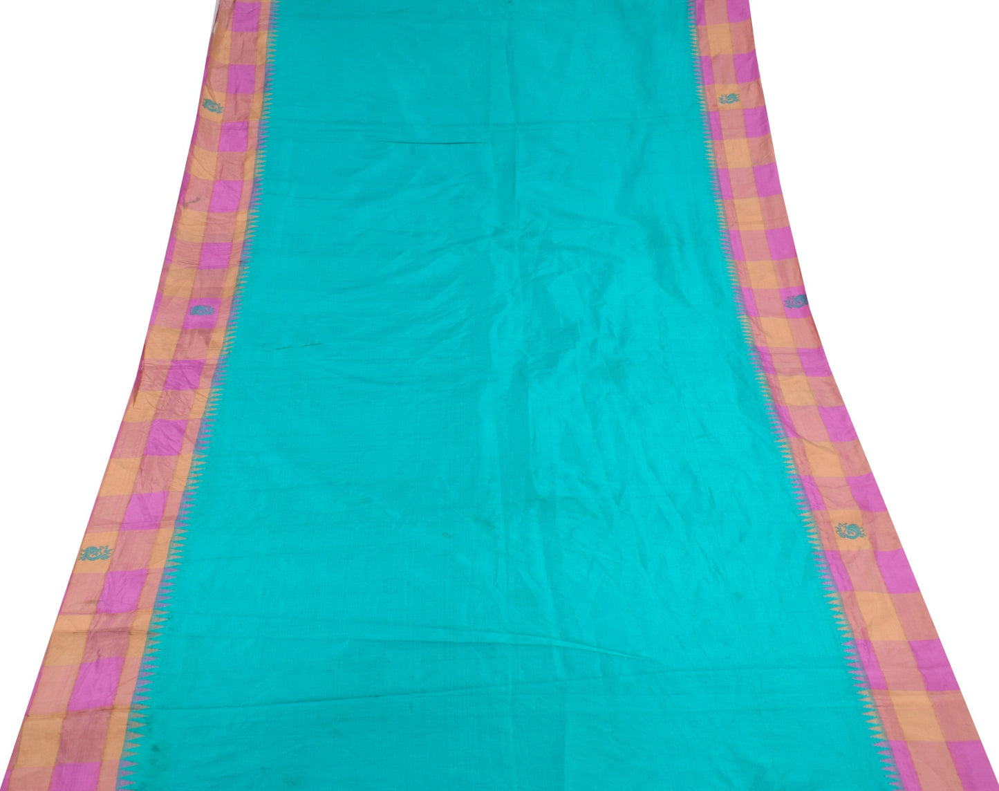 Sushila Vintage Aqua Green Sari Remnant Scrap Multi Use Pure Silk Craft Fabric