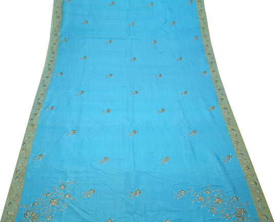 Sushila Vintage Aqua Blue Sari Remnant Scrap Embroidered Pure Silk Craft Fabric