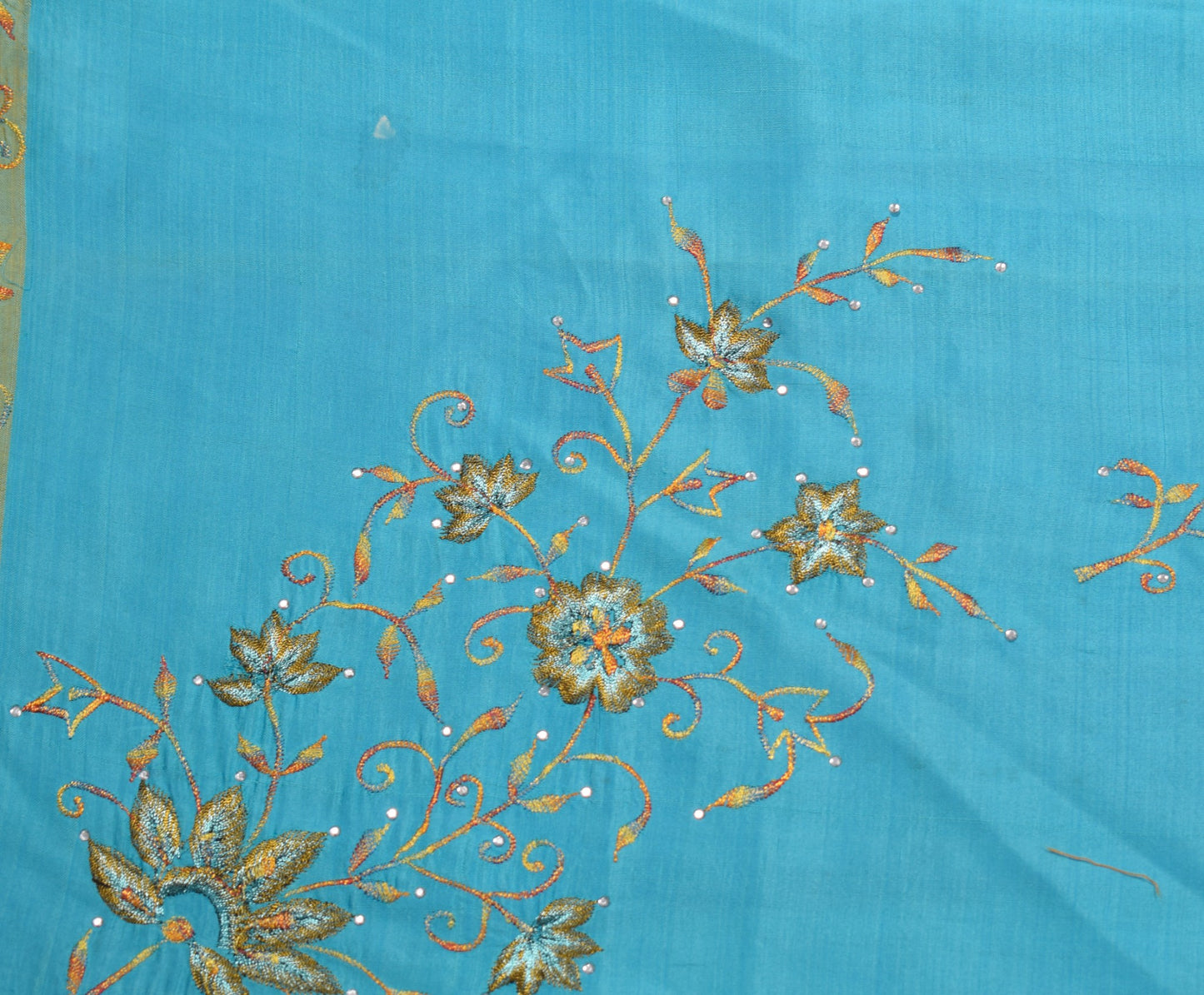 Sushila Vintage Aqua Blue Sari Remnant Scrap Embroidered Pure Silk Craft Fabric