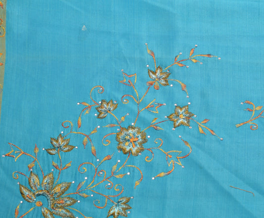 Sushila Vintage Aqua Blue Sari Remnant Scrap Embroidered Pure Silk Craft Fabric