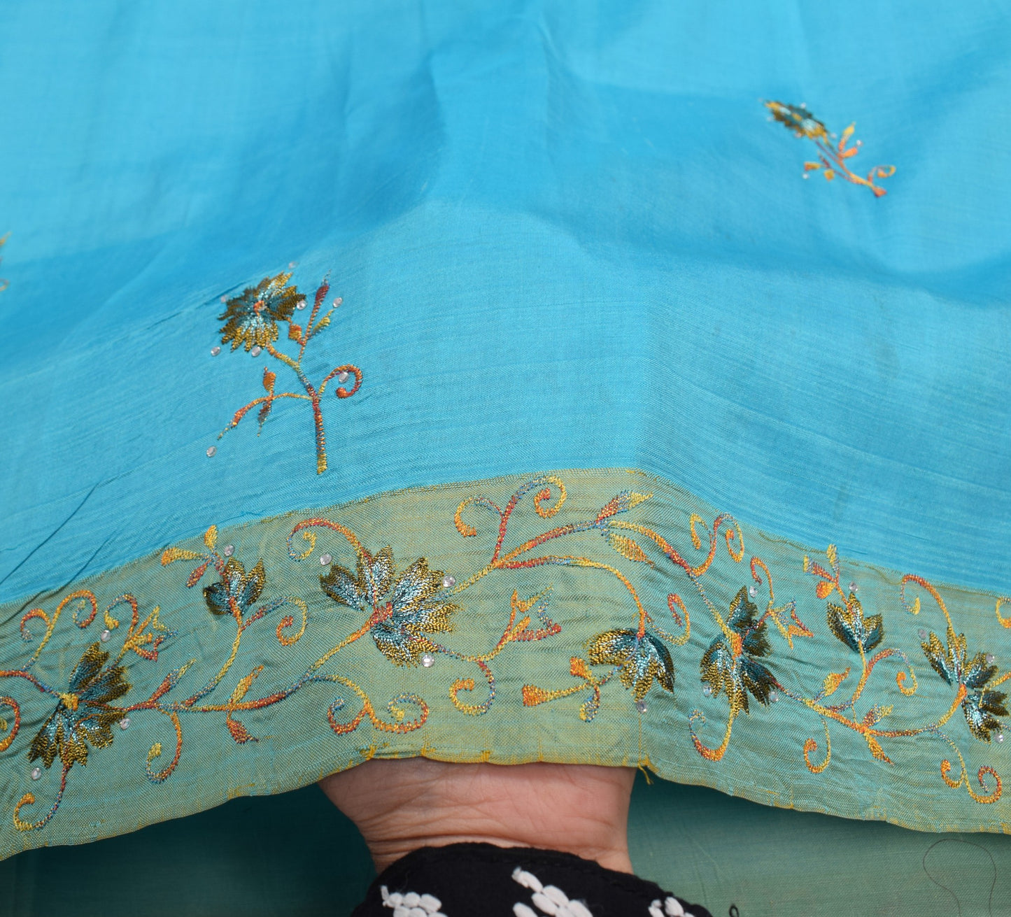 Sushila Vintage Aqua Blue Sari Remnant Scrap Embroidered Pure Silk Craft Fabric