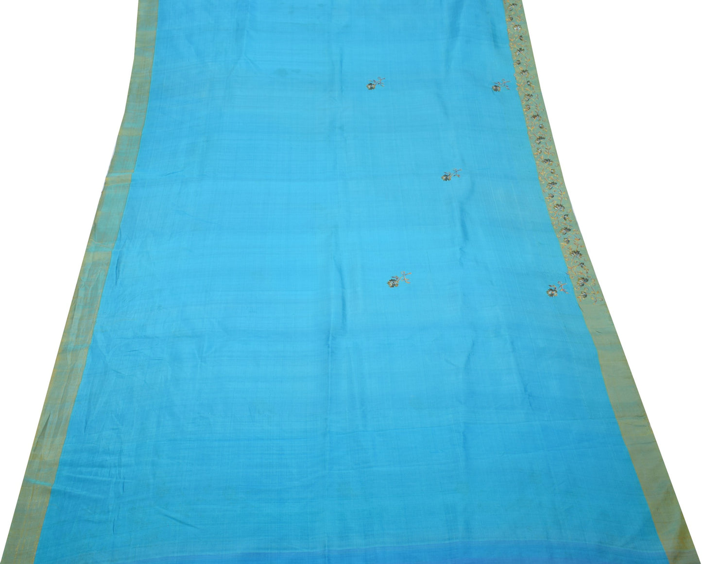 Sushila Vintage Aqua Blue Sari Remnant Scrap Embroidered Pure Silk Craft Fabric