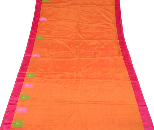 Sushila Vintage Orange Dual Tone Sari Remnant Scrap Pure Silk Craft Woven Fabric
