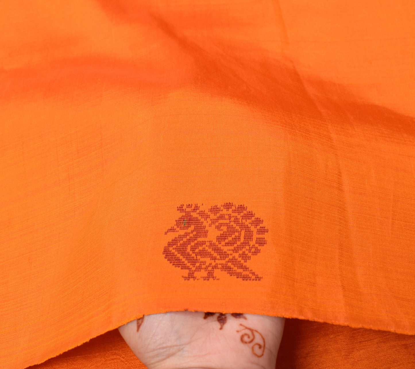 Sushila Vintage Peacock Woven Sari Remnant Scrap Orange Pure Silk Craft Fabric