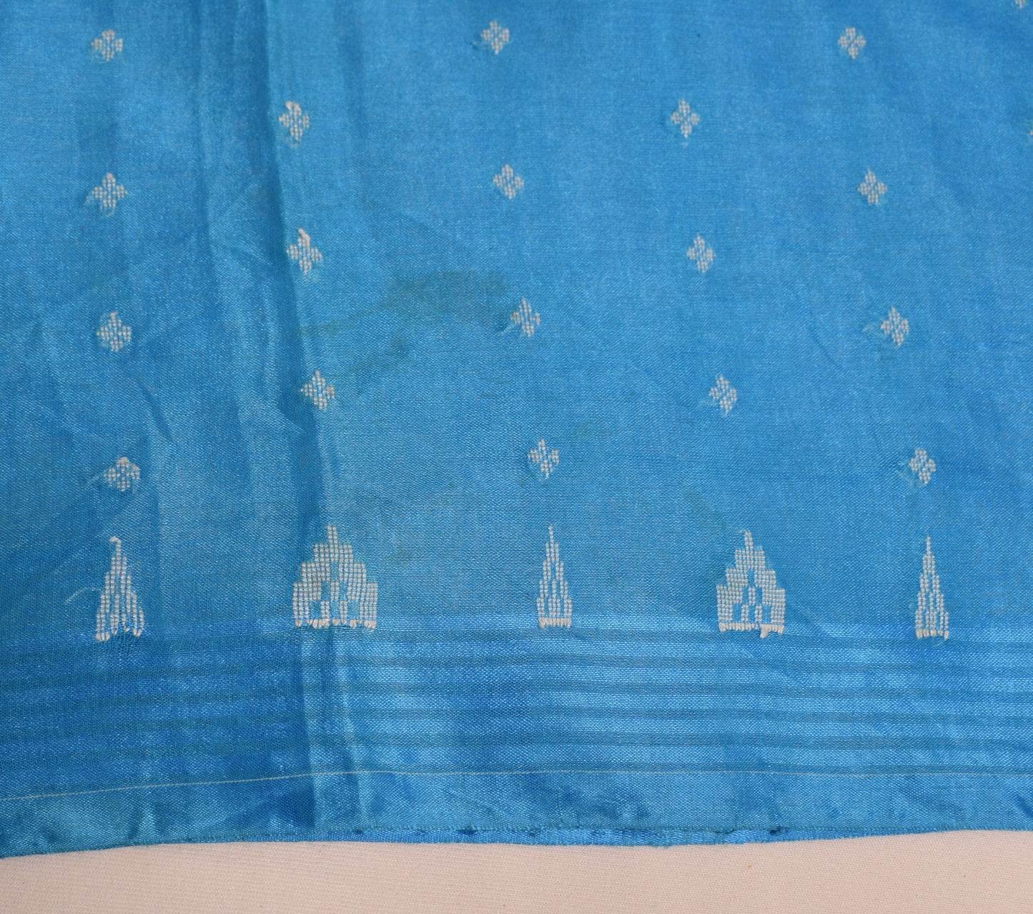 Sushila Vintage Turquoise Blue Sari Remnant Scrap Pure Cotton Woven Craft Fabric