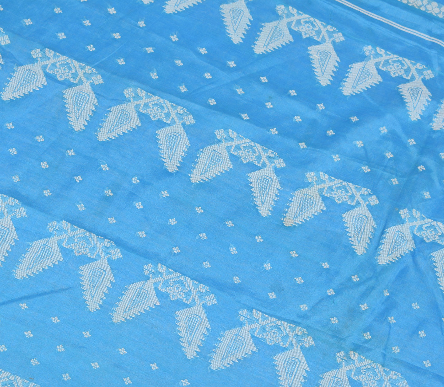Sushila Vintage Turquoise Blue Sari Remnant Scrap Pure Cotton Woven Craft Fabric