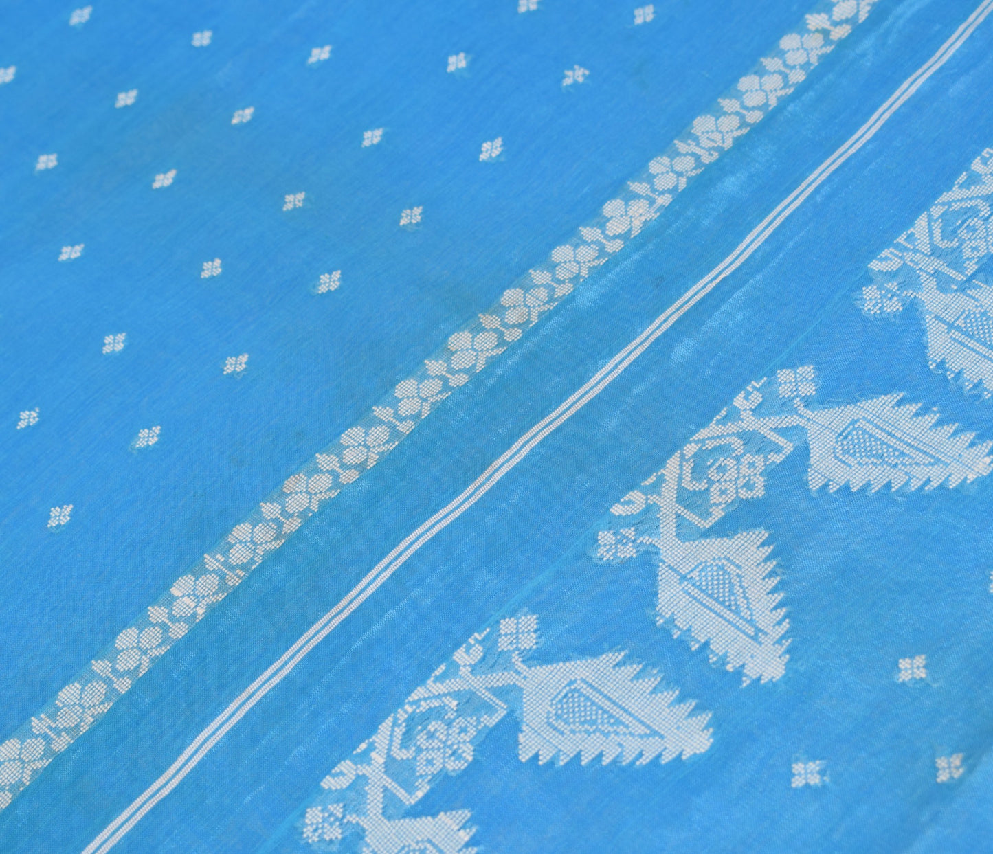 Sushila Vintage Turquoise Blue Sari Remnant Scrap Pure Cotton Woven Craft Fabric