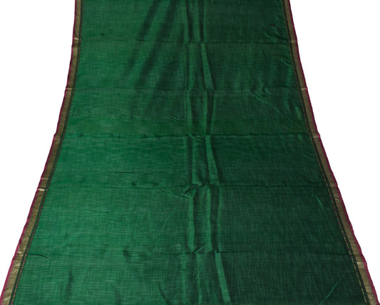 Sushila Vintage Green Sari Remnant Scrap Hand Woven Pure Silk Craft Soft Fabric